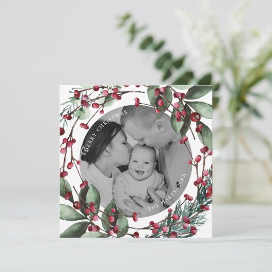 Rode Kerst Krans Pine en bessen Kaart (Staand voorkant)