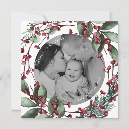 Rode Kerst Krans Pine en bessen Kaart (Voorkant)