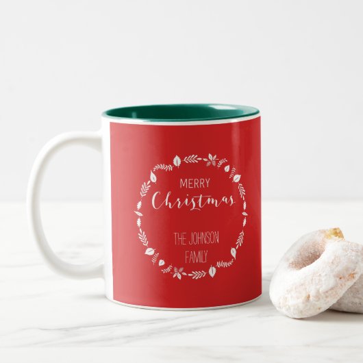 Rode Kerst met witte bladeren Decor Tweekleurige Koffiemok (Met donut)
