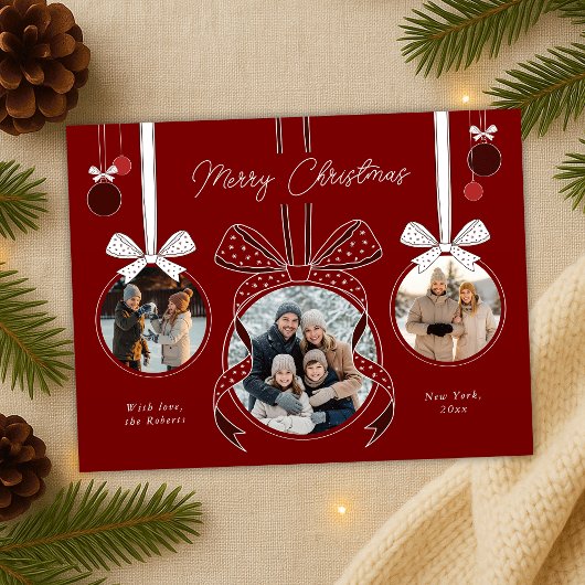 Rode Kerst Ornament Ball Ribbon Drie foto's Briefkaart