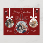 Rode Kerst Ornament Ball Ribbon Drie foto's Briefkaart (Voorkant)