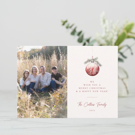 Rode Kerst Ornament Vakantie Fotokaart Feestdagenkaart (Staand voorkant)