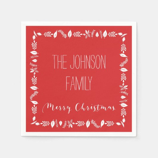 Rode Kerst Papier servetten White Leaves Decor (Voorkant)