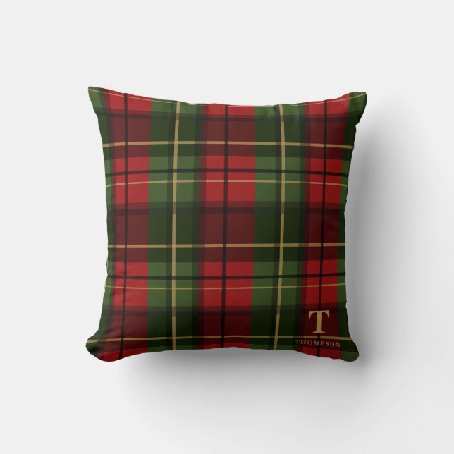 Rode Kerst Plaid Met Monogram En Achternaam Kussen (Voorkant)