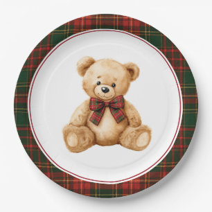 Rode Kerst Plaid Winter Teddybeer Babyshower Papieren Bordje