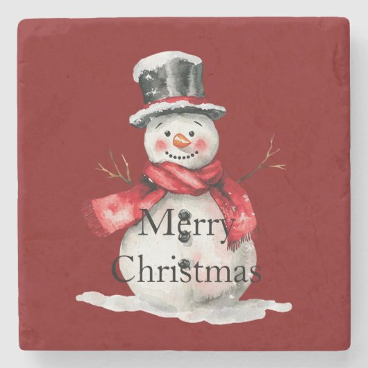 Rode Kerst Sneeuwman Kerstman Stenen Onderzetter (Voorkant)