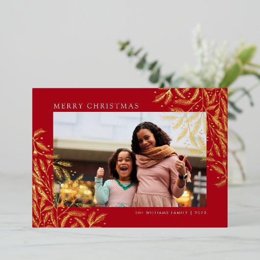 Rode Kerst takken Folie vakantie fotokaart Folie Feestdagenkaart (Staand Voorkant)