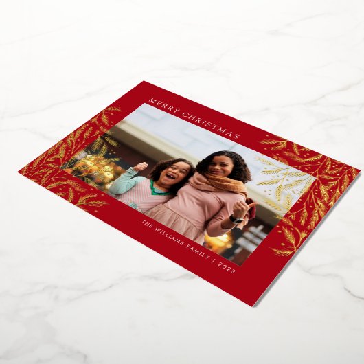 Rode Kerst takken Folie vakantie fotokaart Folie Feestdagenkaart (Gedraaid)