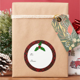 Rode kerst tartan Holly twig Jouw tekst Gift Label