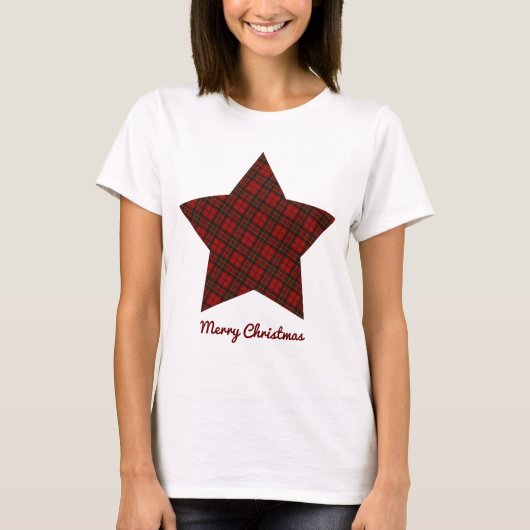 Rode kerst tartan ster vrolijke kersttekst t-shirt (Voorkant)