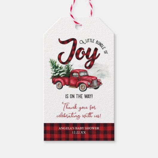 Rode Kerst Truck Bundel van Joy Baby shower Cadeaulabel (Voorkant)