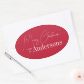 Rode kerst uit familienaam ovale sticker (Envelop)