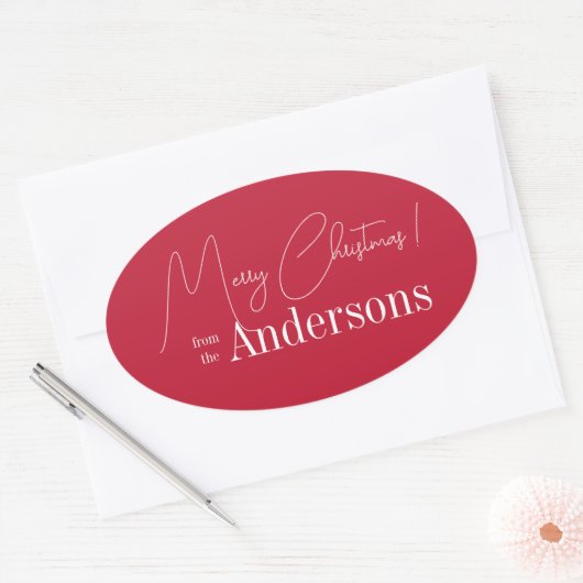 Rode kerst uit familienaam ovale sticker (Envelop)