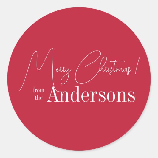 Rode kerst uit familienaam ronde sticker (Voorkant)