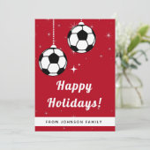 Rode Kerst Voetbal Bal Ornament Hangende Sport  Feestdagenkaart (Staand voorkant)