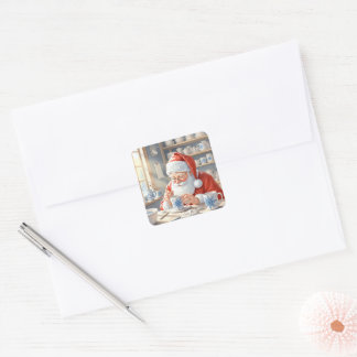 Rode Kerst Waterverf Santa Werkplaats Vierkante Sticker