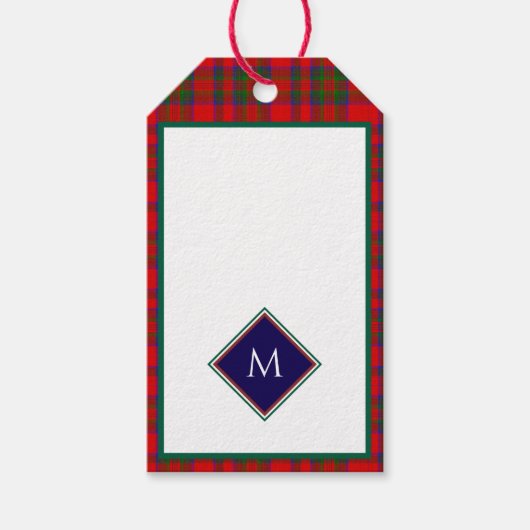 Rode Kerst Wol Textuur Geruit met Monogram Cadeaulabel (Voorkant)