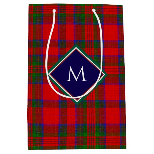 Rode Kerst Wol Textuur Geruit met Monogram Medium Cadeauzakje (Voorkant)
