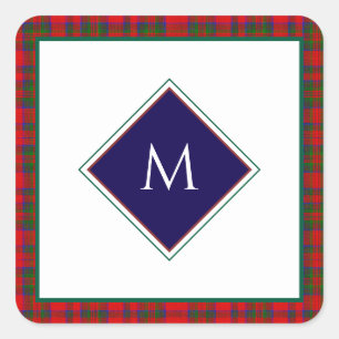Rode Kerst Wol Textuur Geruit met Monogram Vierkante Sticker