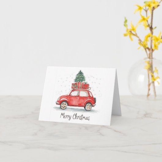 Rode kerstauto met cadeaus, boompje bovenop kaart (Gele Bloem)