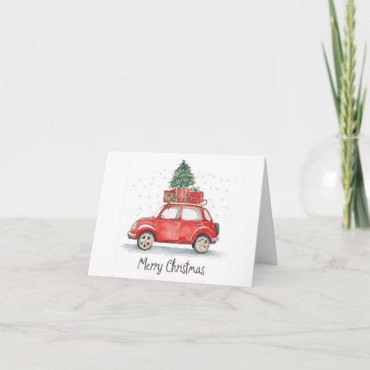 Rode kerstauto met cadeaus en boom erop kaart (Voorkant)
