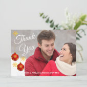 Rode Kerstbal Foto Vakantie | Trouw Dank Je Wel Bedankkaart (Staand voorkant)