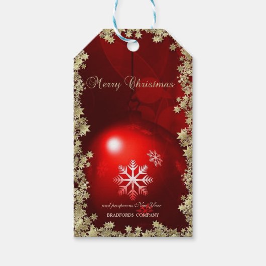 Rode Kerstbal Gouden Sterren Bedrijf Cadeaulabel (Voorkant)