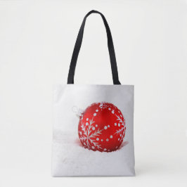 Rode kerstbal met sneeuwvlok tote bag