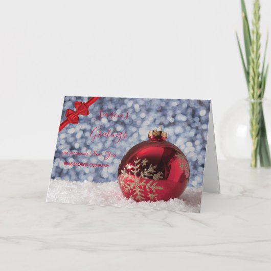 Rode Kerstbal, Rode Strik, Zakelijke Groet Feestdagen Kaart (Voorkant)