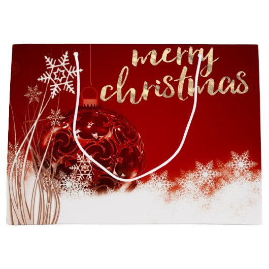 Rode kerstbal, sneeuwvlokken, feestdag groot cadeauzakje (Voorkant)