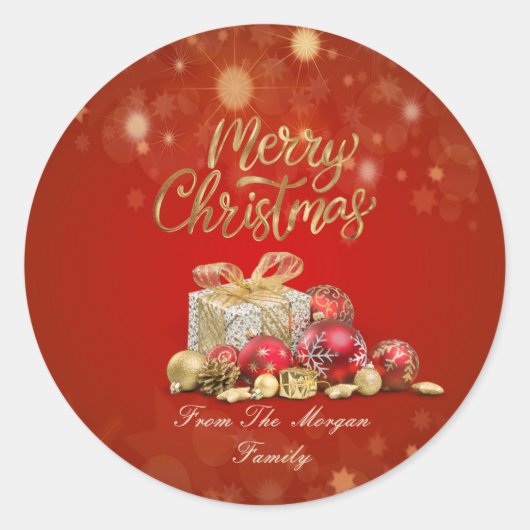 Rode kerstballen, Cadeaus vrolijk kerstfeest Ronde Sticker (Voorkant)
