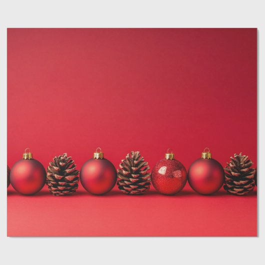 Rode Kerstballen en Denneappels  Cadeaupapier (Vlak)