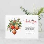 Rode kerstballen met Holly Festive Bedankkaart (Staand voorkant)