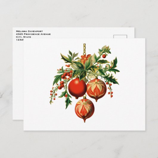 Rode kerstballen met Holly Festive Briefkaart (Voorkant / Achterkant)