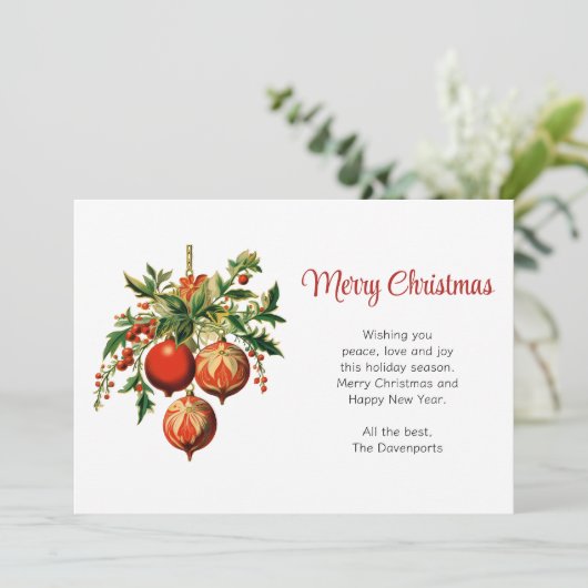 Rode kerstballen met Holly Festive Feestdagenkaart (Staand voorkant)