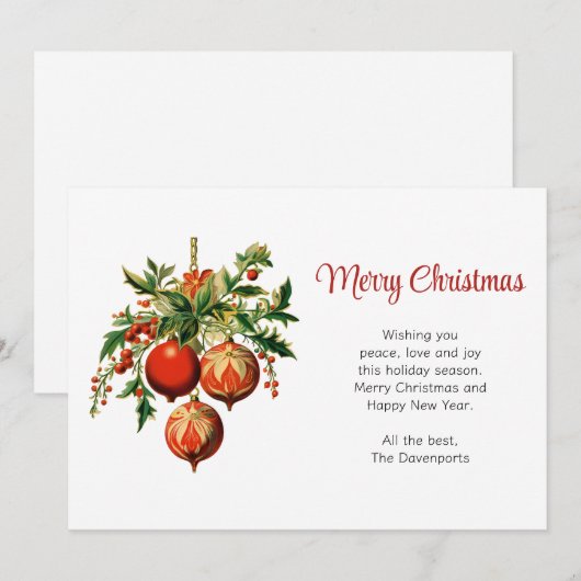 Rode kerstballen met Holly Festive Feestdagenkaart (Voorkant / Achterkant)