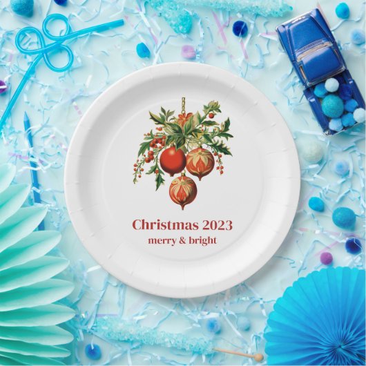 Rode kerstballen met Holly Festive Papieren Bordje (Feest)