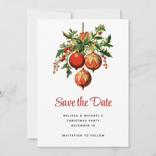 Rode kerstballen met Holly Festive Save The Date (Voorkant)