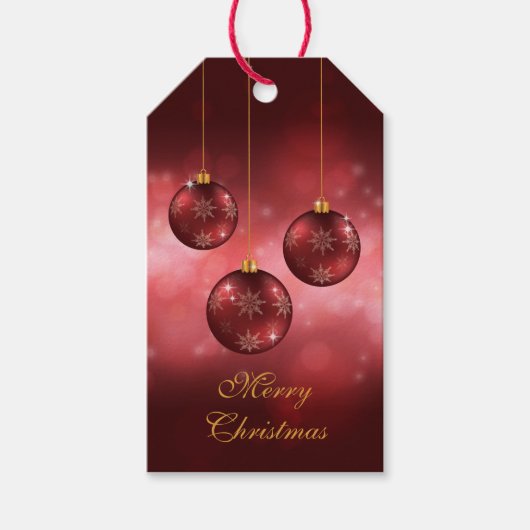 Rode Kerstballen op Rode Bokeh Cadeaulabel (Voorkant)