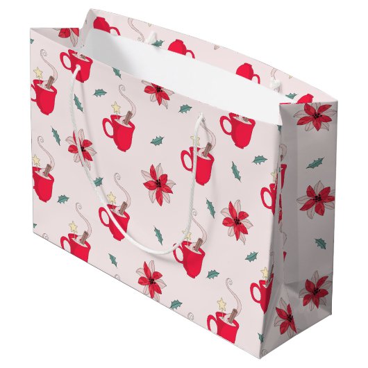 Rode kerstbeker | poinsettia-bloemen groot cadeauzakje (Achterkant Gekanteld)