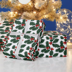 Rode Kerstbessen en bladeren Witte Kerstmis Cadeaupapier