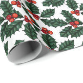 Rode Kerstbessen en bladeren Witte Kerstmis Cadeaupapier (Rol Hoek)