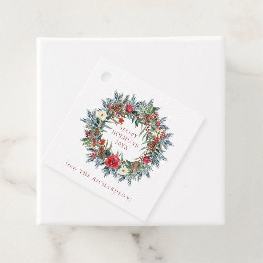 Rode Kerstbessen en dennenkrans Kraft Bedankjes Labels (In situ)