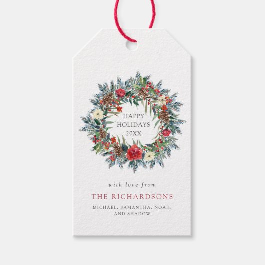 Rode Kerstbessen en dennenkrans vakantie Cadeaulabel (Voorkant)