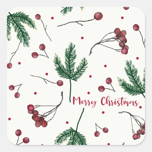 Rode kerstbessen met pijngroen vierkante sticker (Voorkant)