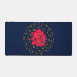 Rode kerstbloem, dunne gouden sterren op blauw bureaumat