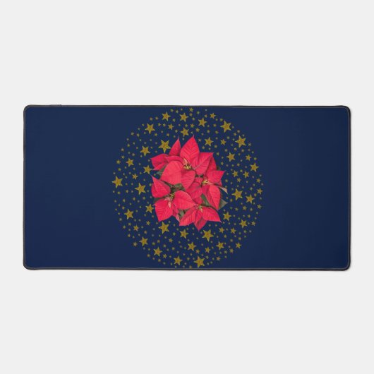 Rode kerstbloem, dunne gouden sterren op blauw bureaumat (Voorkant)
