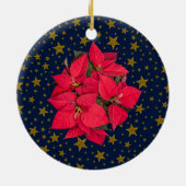 Rode kerstbloem, dunne gouden sterren op blauw keramisch ornament (Achterkant)