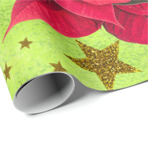 Rode kerstbloem, gouden sterren op abstract groen cadeaupapier