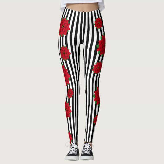 Rode kerstbloem op zwart en wit gestreept leggings (Voorkant)